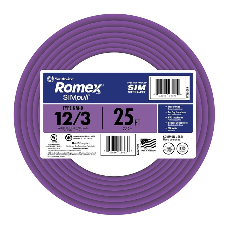 Southwire Romex Brand Simpull Solid Indoor 12/3 W/G NMB Cable 50ft