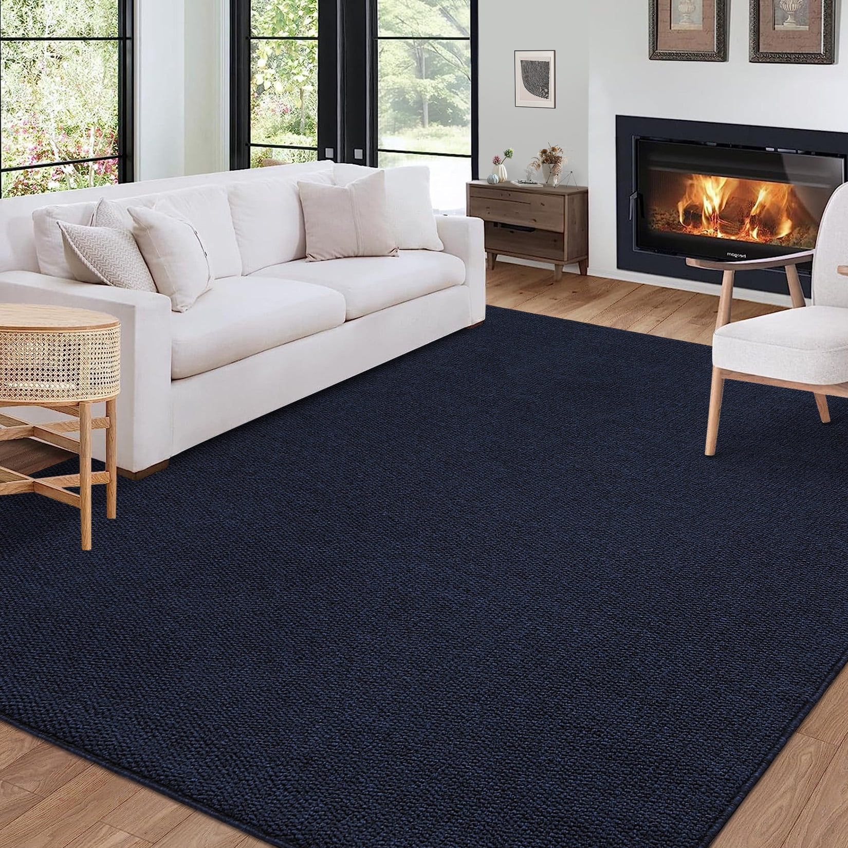 COZONY 10'x13' Washable Area Rug, Modern Textured Low-Pile Polypropylene Carpet, Stain Resistant Non-Slip Solid Accent Rug for Extra Large Living Room, Navy Blue