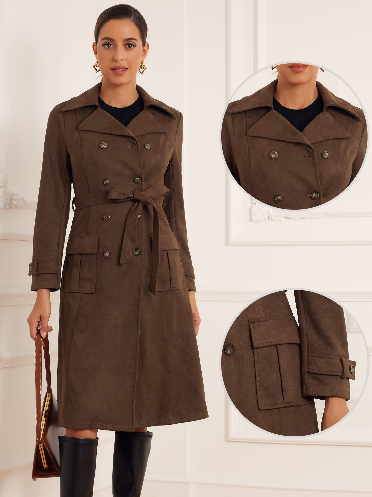 DARING DIVA Women's Long Faux Suede Fall Winter Trench Coat with Pockets S Dark Coffee