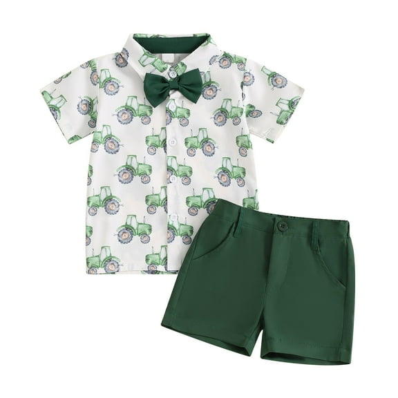 Odeerbi Infant Boys 2 Piece Outfits Gentleman Formal Dress Suit Set Fashion Casual Sleeveless Tops Round Neck Collar Botton Printed Shorts Sets Green