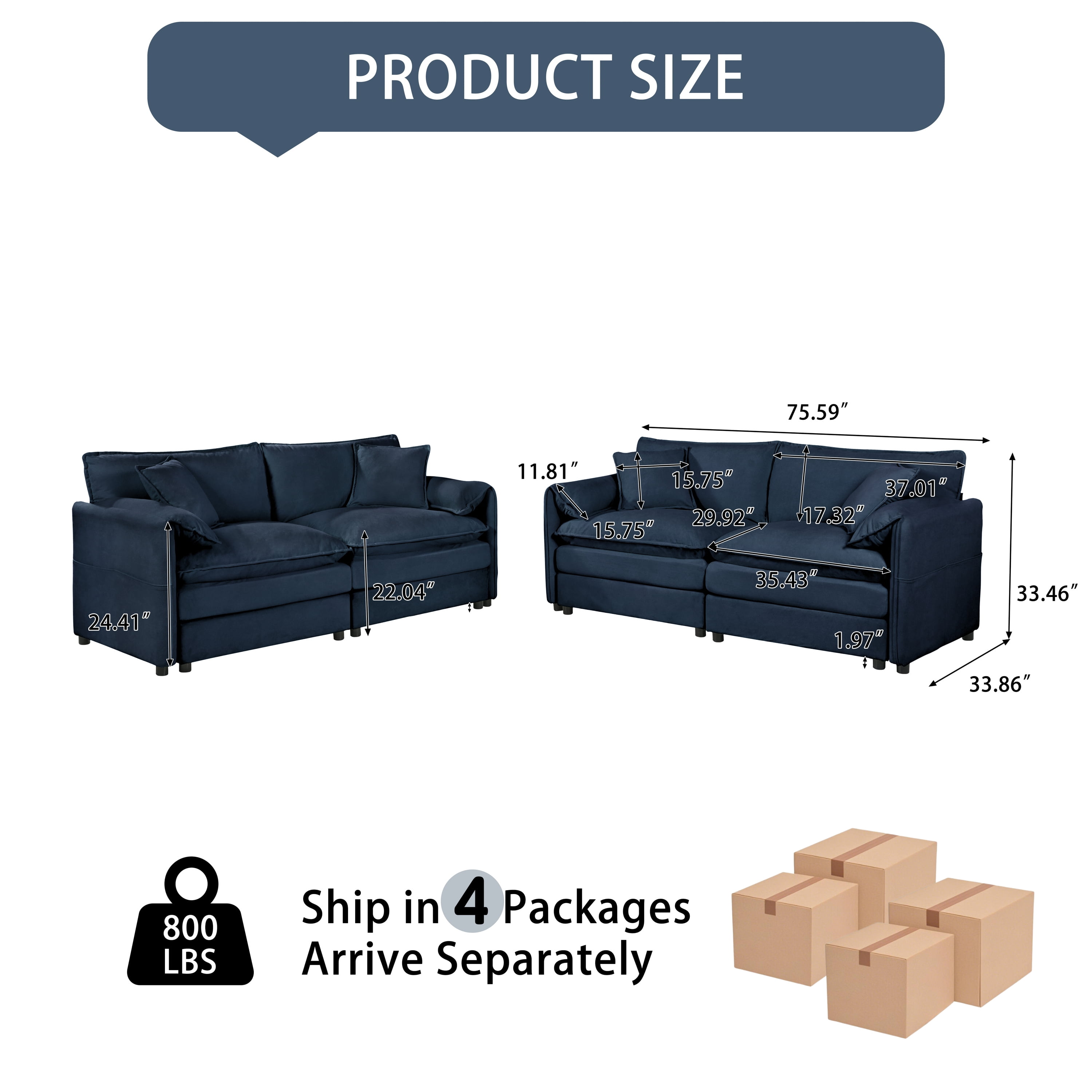 Gewnee Oversized Deep Seat Luxury 2 Piece Sofa Set, 2 Pieces of Loveseat Sofa, Modern DIY Combination Blue Chenille Comfy Cloud Couches Set for Living Room
