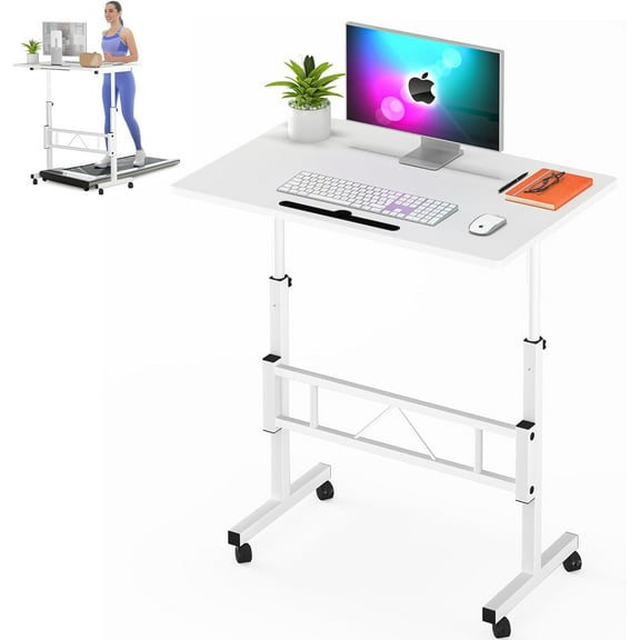 Small Standing Desk Adjustable Height, Mobile Table with Wheels, Portable Laptop Table, Standing Computer Desk for Walking Pad (White)