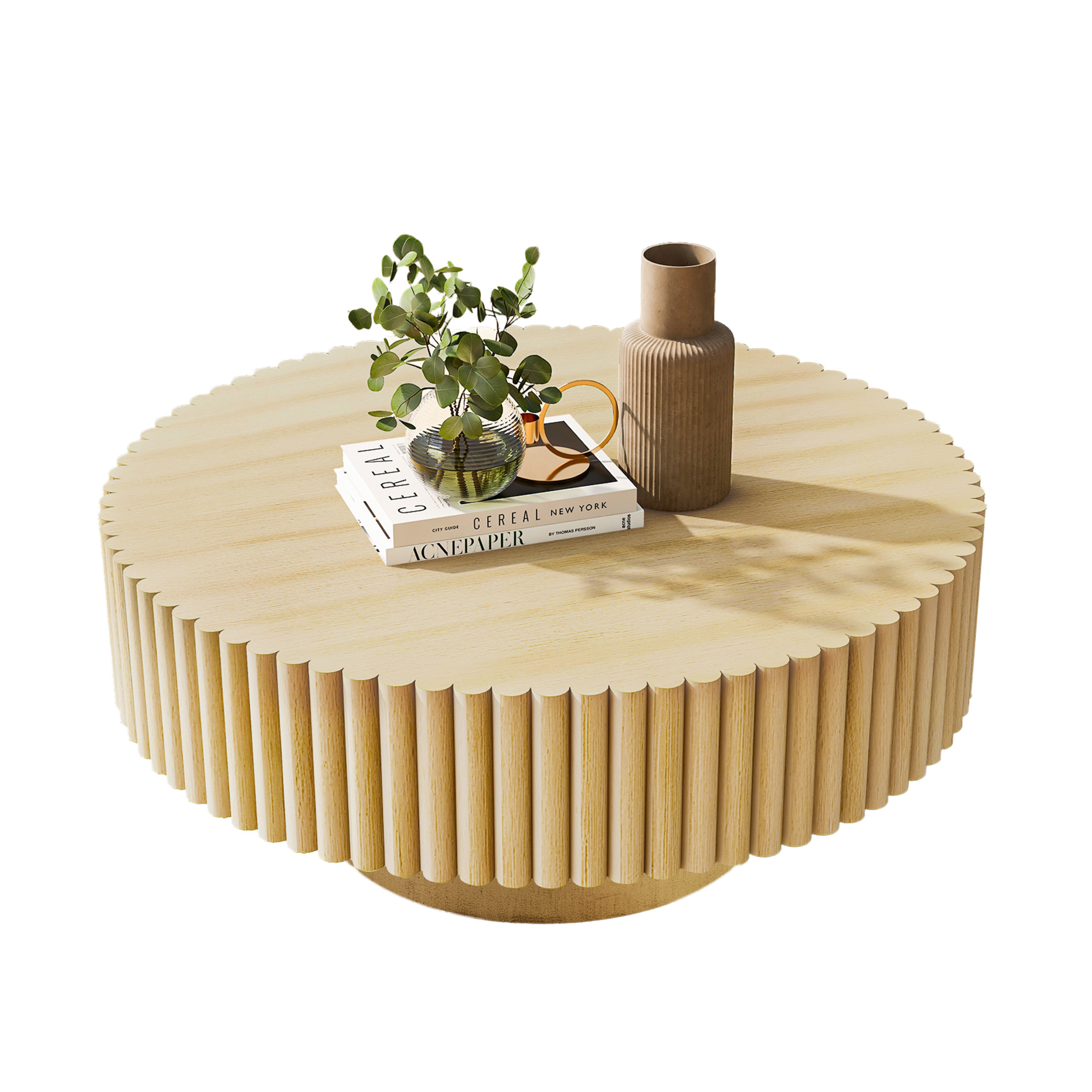 Noble House 31.5" Round Fluted Drum Coffee Table, Solid Wood Modern Center Table for Living Room, Natural