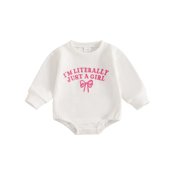 Monos de bebé niña con estampado de letras, lazo bordado, cuello redondo y manga larga, ideales para otoño.