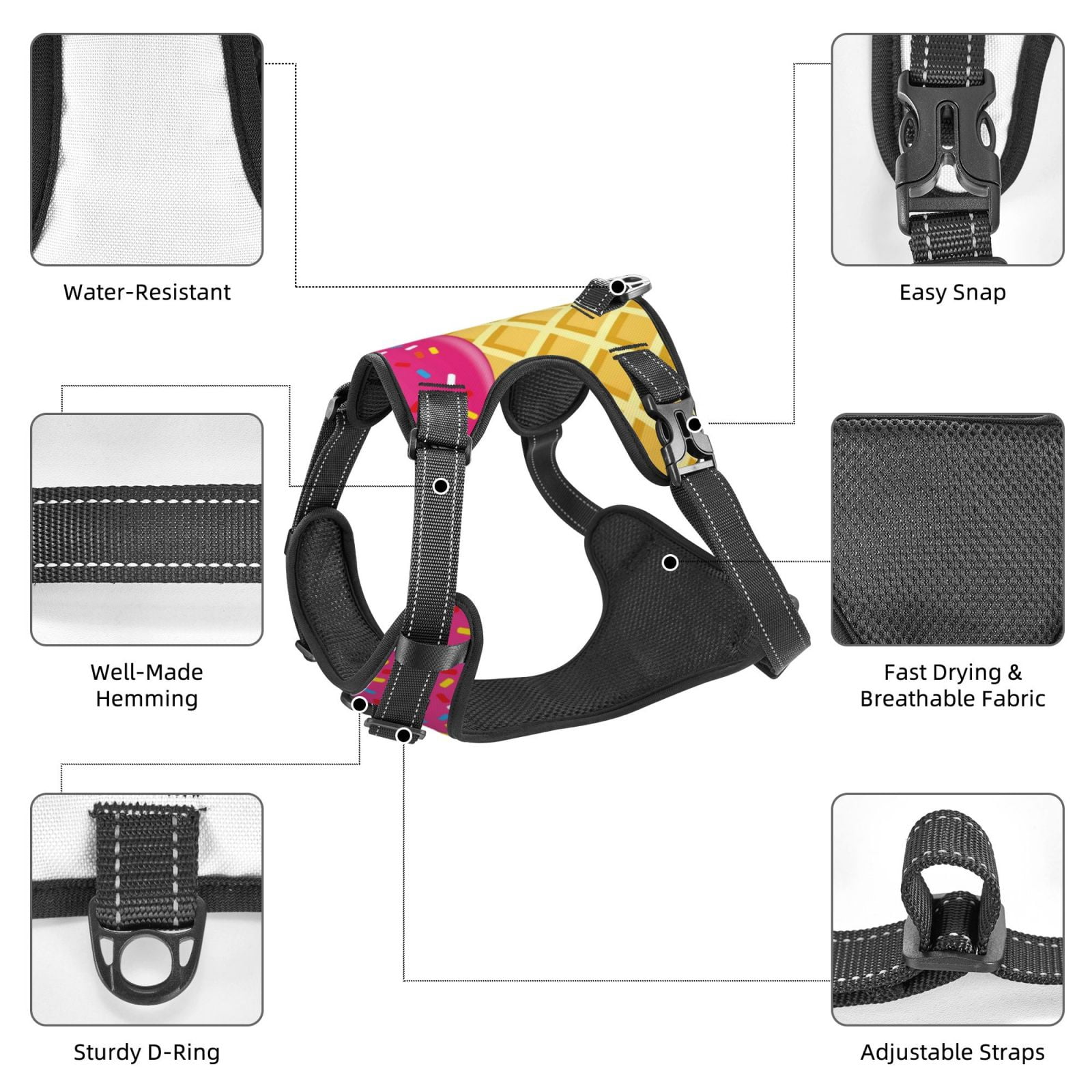 Fuzoiu Red Ice Cream Print Reflective Dog Harness,Adjustable, Breathable Pet Vest,Dog Harness No Pull,No Choke Pet Vest for Small, Medium, and Large Dogs-Medium