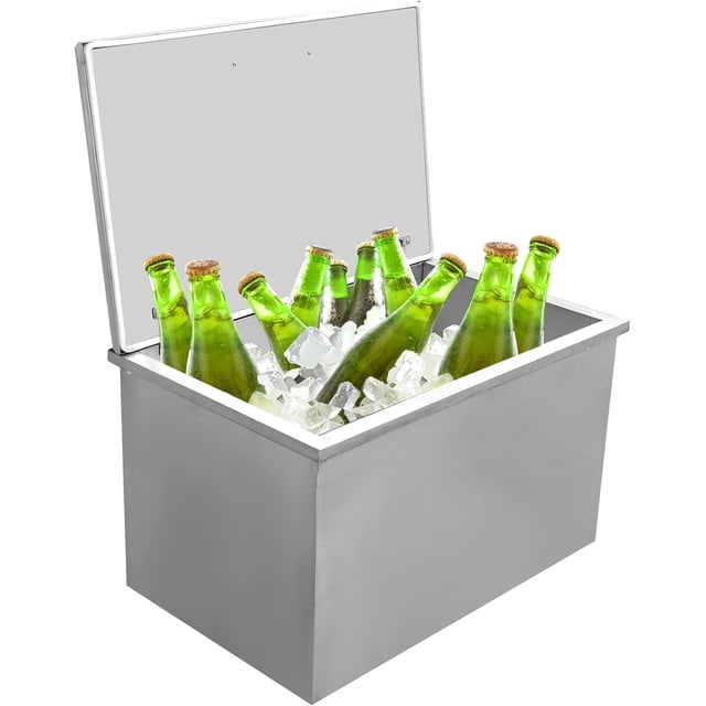 Drop in Ice Chest, 20" L x 16" W x 13" H Stainless Steel Ice Cooler, Commercial Ice Bin with Hinged Cover, Outdoor Kitchen Ice Bar, Drain-Pipe and Drain Plug Included, for Cold Wine Beer