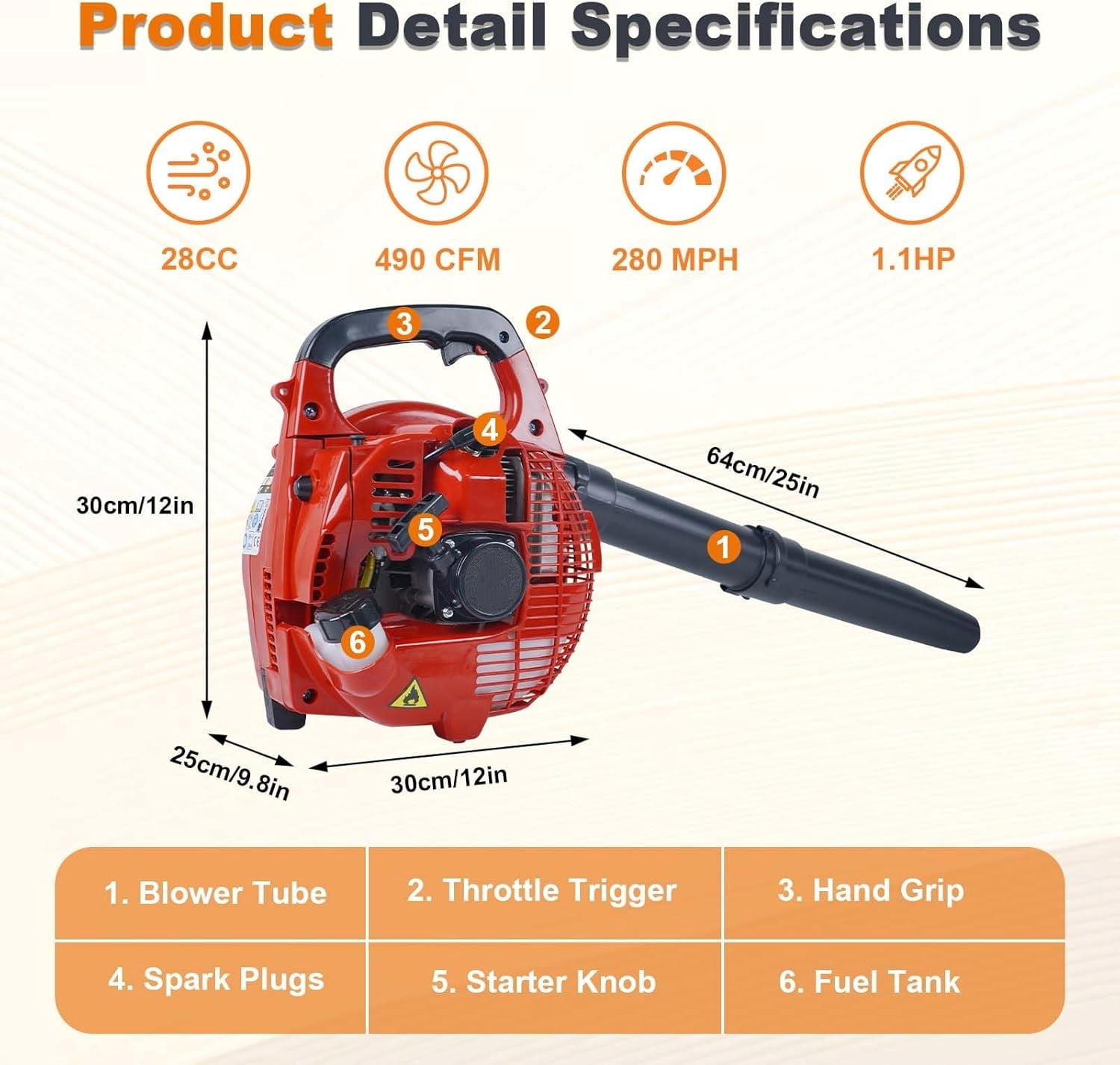 1.1 HP Handheld Gas Leaf Blower, 28CC 2 Stroke 490 CFM 180 MPH, Powerful Clearing Performance & Ergonomic Gas Powered Leaf Blower for Lawn Care, Snow Blowing & Yard Cleaning