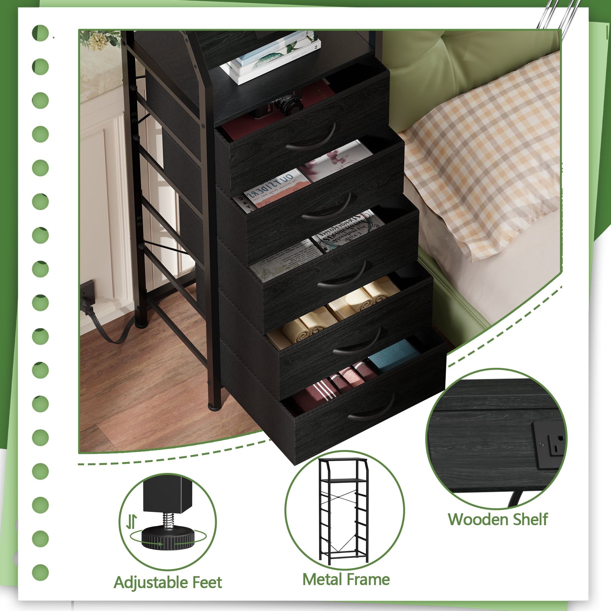 Furnulem Dresser for Bedroom with 5 Drawers, with USB Port and AC
