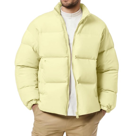 LNZGNM Men's Down Jackets Solid Collar Loose Fit Thicken Warm Puffer Jacket Full Zipper Quilted Insulated Coat with Pockets Casual Winter Padded Coat,Yellow XL