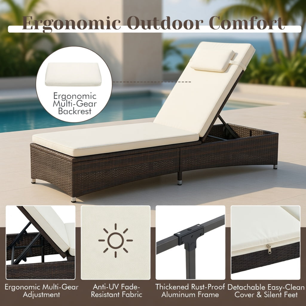 Hommoo 2-Piece Outdoor Chaise Lounge Set with Adjustable Backrest, Cushions, PE Rattan & Steel Frame, Poolside, Patio, Balcony Ready, Off-White