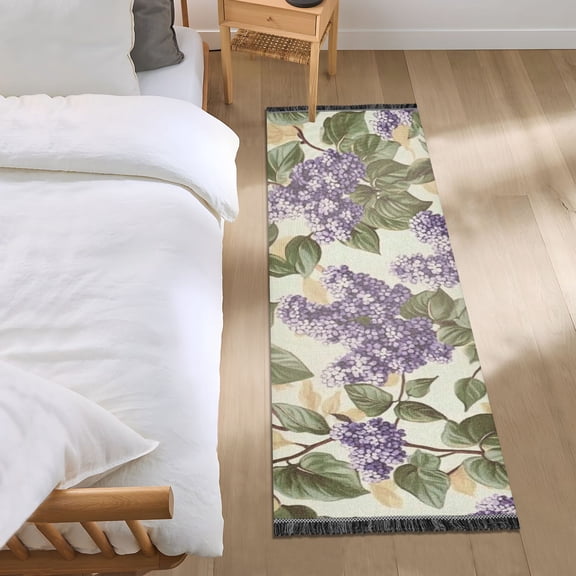 Purple Flowers and Leaves Bedroom Runner Rug 2'x 6' Non Slip Carpet Indoor Home Area Rug Living Room