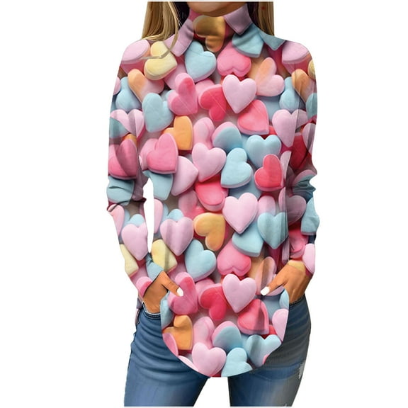 Wycnly Valentines Day Shirt Valentines Sweater Womens Spring Long Sleeve Turtleneck Sweatshirts Valentines Day Fashion Heart Print Pullover Tunic Tops Weekly