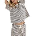 thumbnail image 2 of Yunliwuli Women Summer Shorts Outfits Stripe Round Neck Short Sleeve T-Shirts Tops Elastic Waist Shorts 2 Pieces Clothes Set, 2 of 8