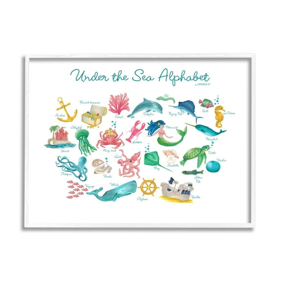 Stupell Industries Under the Sea Educational Alphabet Sea Life Learning Graphic Art White Framed Art Print Wall Art, Design by Dishique