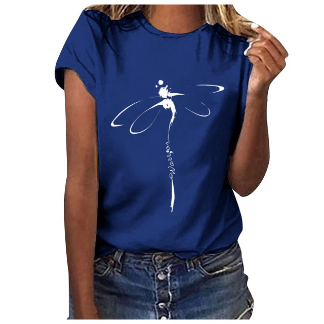 Fgnfyis Hauts pour Femmes T-Shirt Décontracté à Lettres Col Rond Manches Courtes Tunique T-Shirts pour Femmes Bleu G