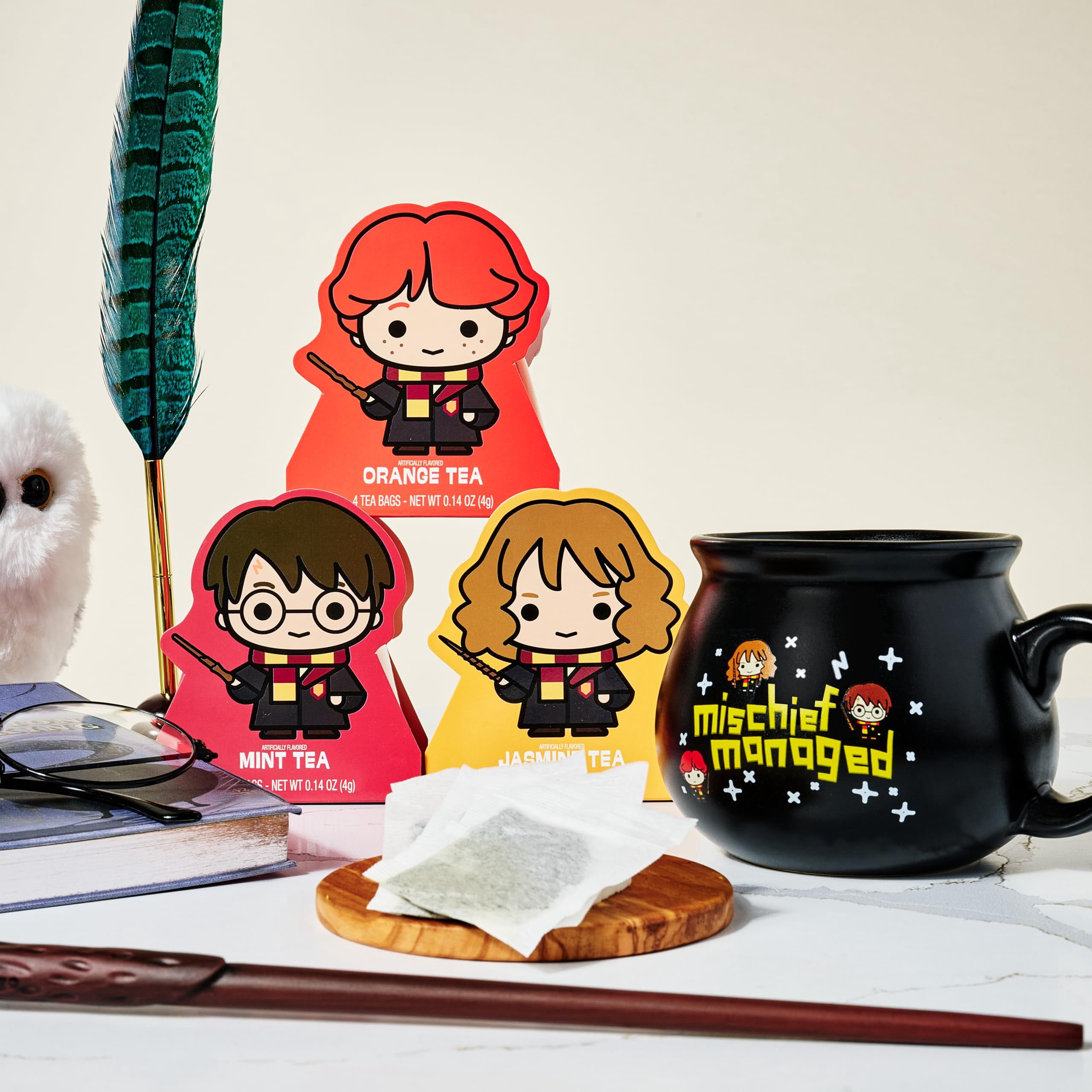 Thoughtfully HARRY POTTER Character Tea Assortment Gift Set, Includes a Pair of Cauldron Mugs and 36 Black and Green Tea Bags in 9 Flavors