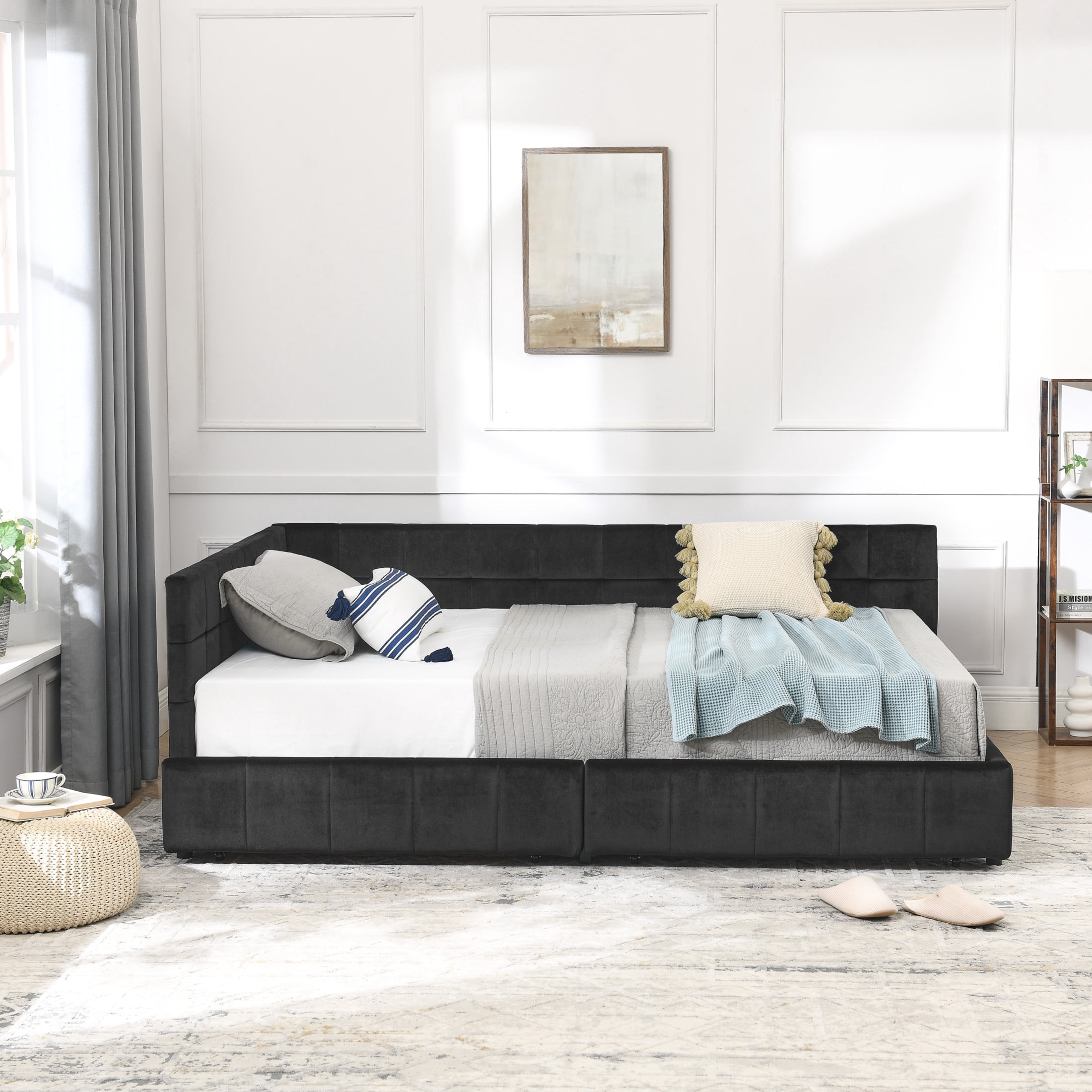 Noble House Carola Full Size Velvet Daybed Frame, Tufted Upholstered Sofa Bed with Underbed Storage Drawers, Black