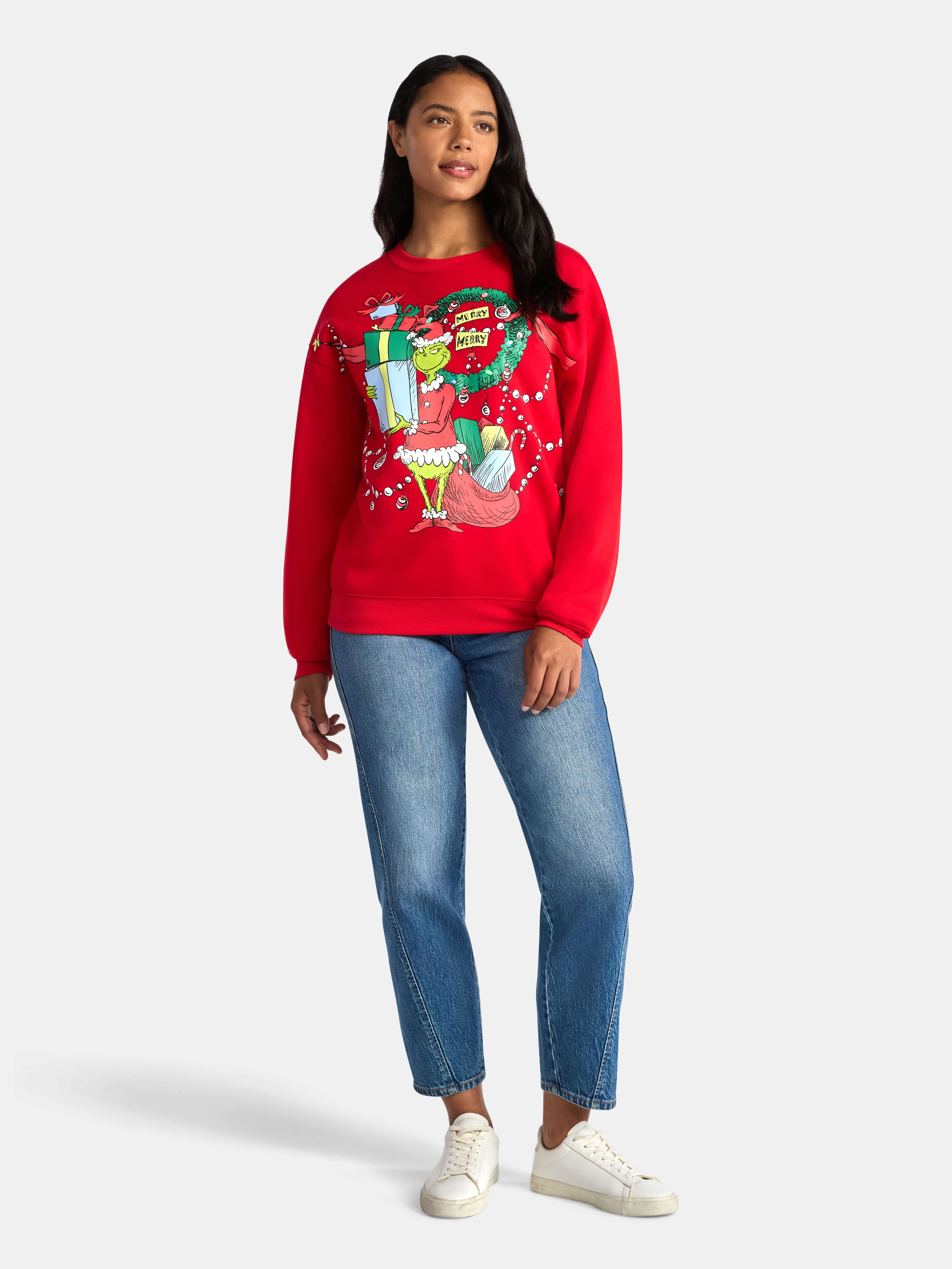 Dr Seuss The Grinch Women's Light Up Front Back Graphic Sweatshirt with Long Sleeves, Sizes XXS-XXL