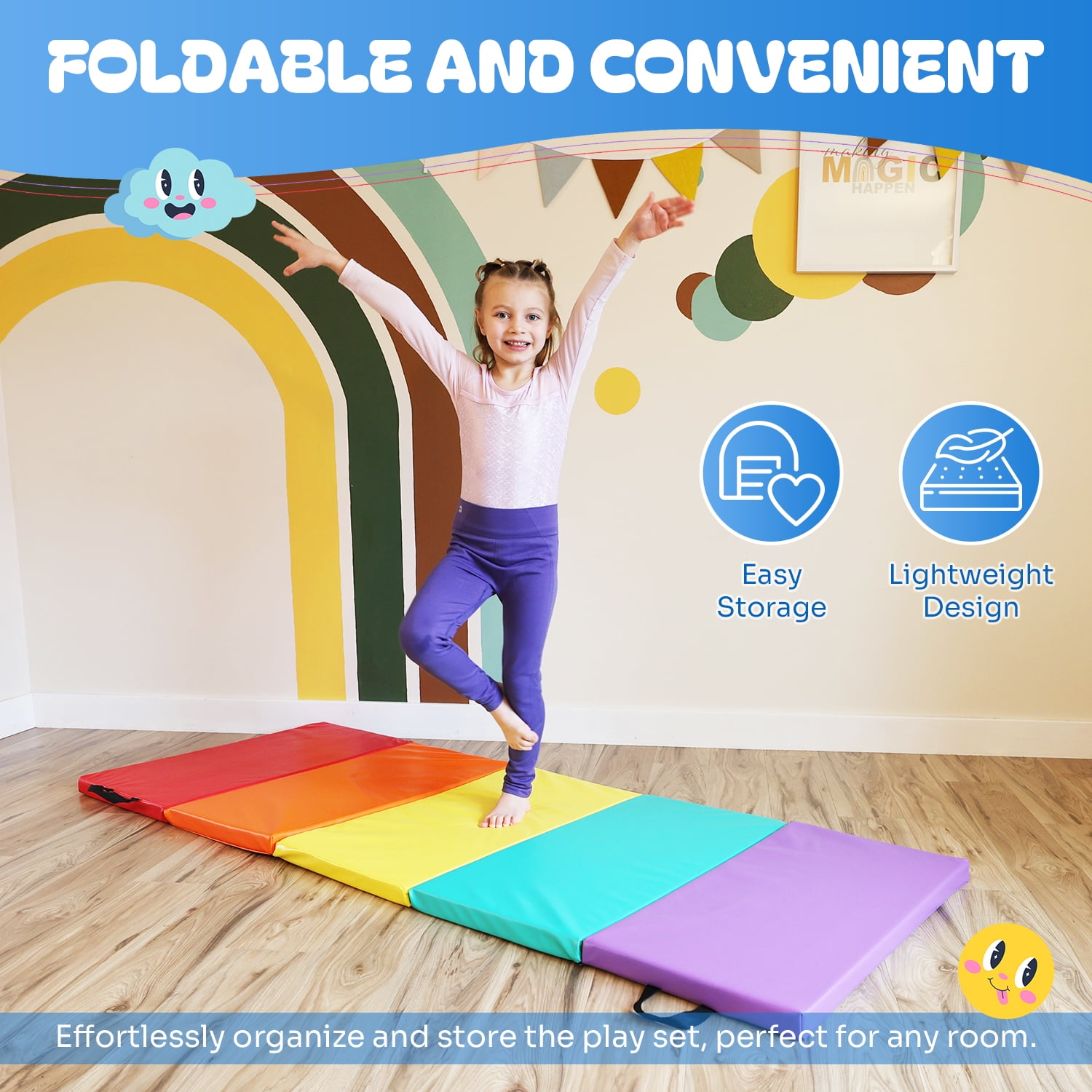 New Bounce Tumbling Mat for Kids – 1.5" Folding Exercise Mat for Home Gyms – Colorful Gymnastics Mat for Indoor & Outdoor Play