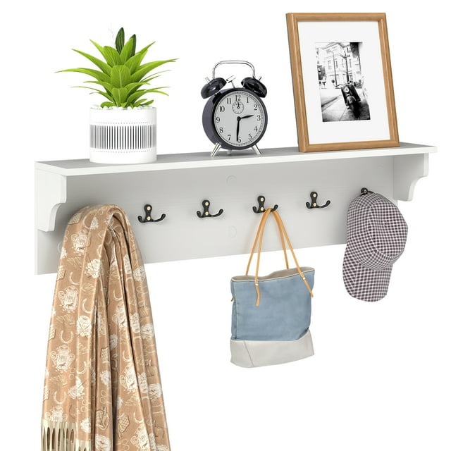 Gymax 31.5'' Wall Hooks w/Shelf 6 Hooks for Hats Towels Purses Robes for Living Room White