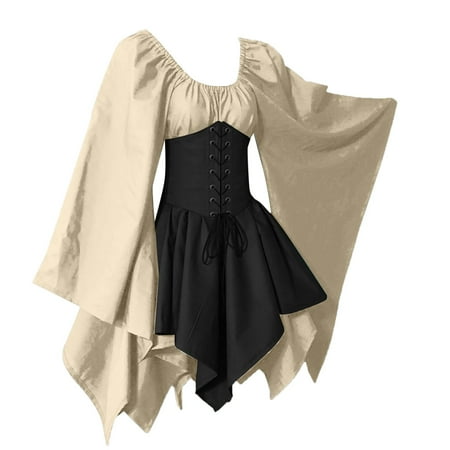

For Womens Trumpet Sleeve Irish Shirt Dress With Corset Traditional Dress Women Gothic Retro Long Sleeve Corset Women Tunic Dress Flare Dress for Women
