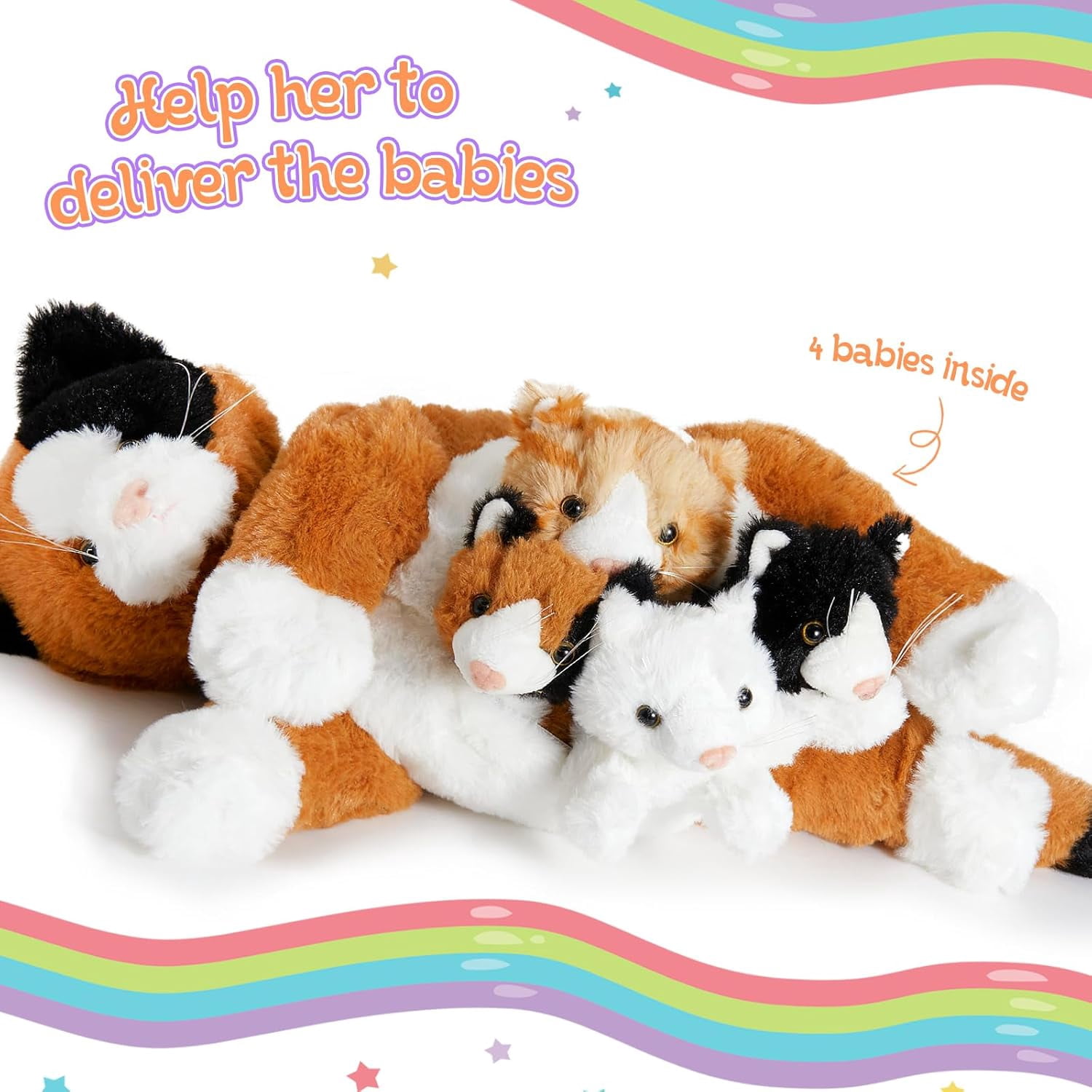 Houwsbaby 5-Piece Cat Plush Toy Set - Mommy Cat with 4 Kittens, Kitty Surprise, Parent-Child Stuffed Animals for Kids, 17''