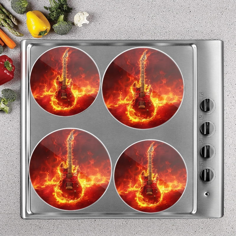 Bahomeck Electric Stove Burner Covers Set Of 4,Guitar Engulfed In Flames Metal Gas Stove Burner Covers,Protecting Gas Stoves,8 Inch And 10 Inch