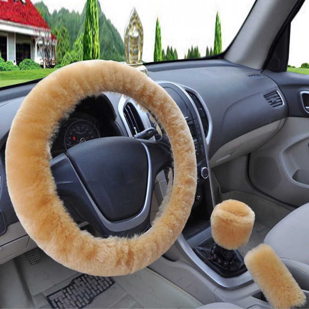 Interior Long Plush Steering Wheel Cover Handbrake Case Woolen Car Soft Wool 