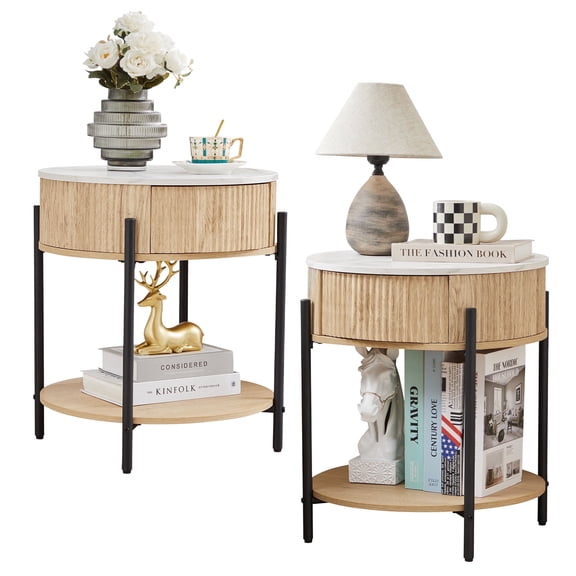YOCWO Fluted Nightstand Set of 2 with Drawer for Bedroom, Wood Bedside Table with Round Faux Marble Tabletop, Natural