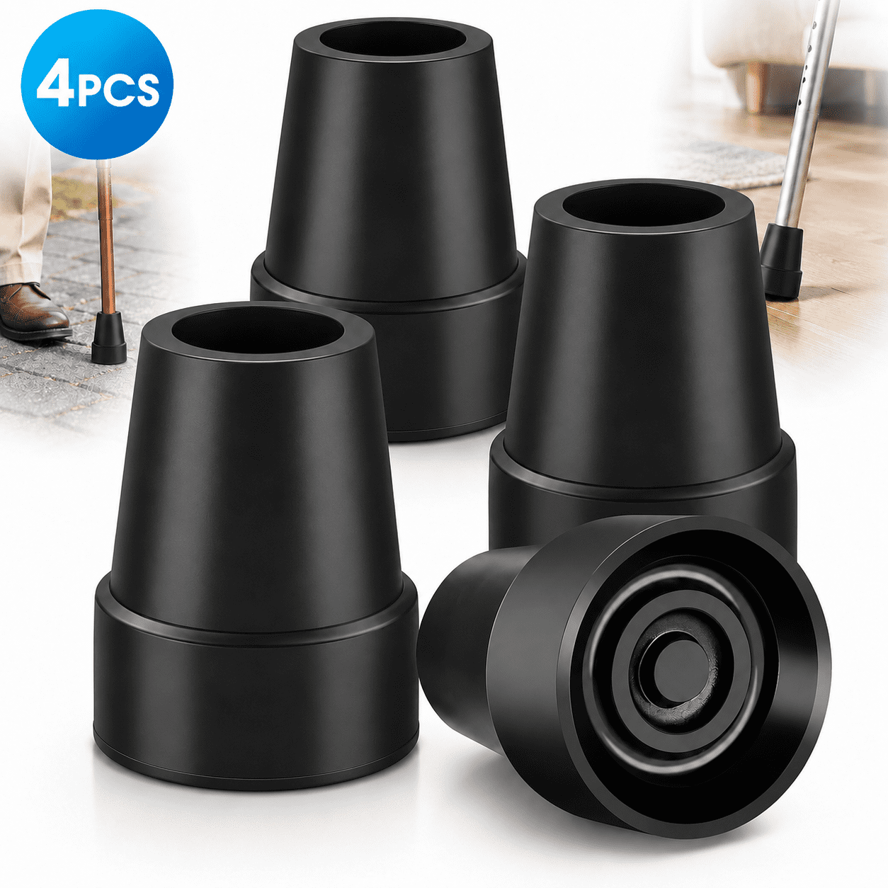Emlimny Crutch Tips,3/4 inch Walking Cane Tips 4 Pack Set, No-Slip Quad Cane Replacement of Black Rubber Tips, Heavy Duty Walking Stick Base, Anti Skid Cane Foot for Stability Cane Tips