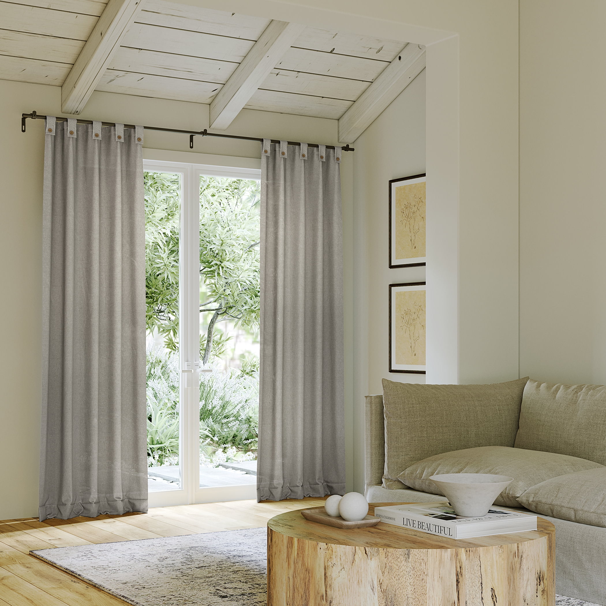 Archaeo  Cotton Blend Button Semi-Sheer  Tab Top Single Curtain Panel, 1 Panel, Gray, 40”W x 63"L