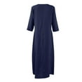 thumbnail image 4 of Mohiass Womens Summer V Neck Solid Color Linen Loose Fit Sundress Fashion 3/4 Sleeve Flowy Vacation Beach Maxi Dress Navy S, 4 of 7