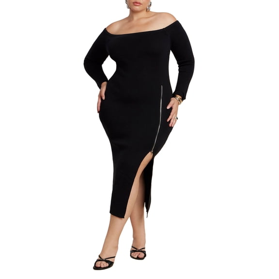 ELOQUII Women's Plus Size Sweater Midi Dress W Zippers