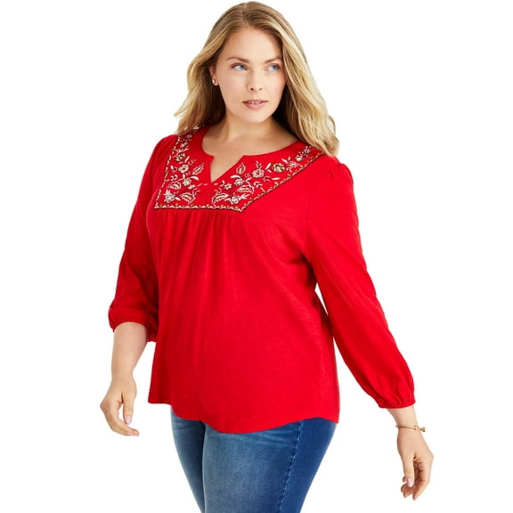 Plus Size Embroidered Split-Neck Top Tango Red 3X
