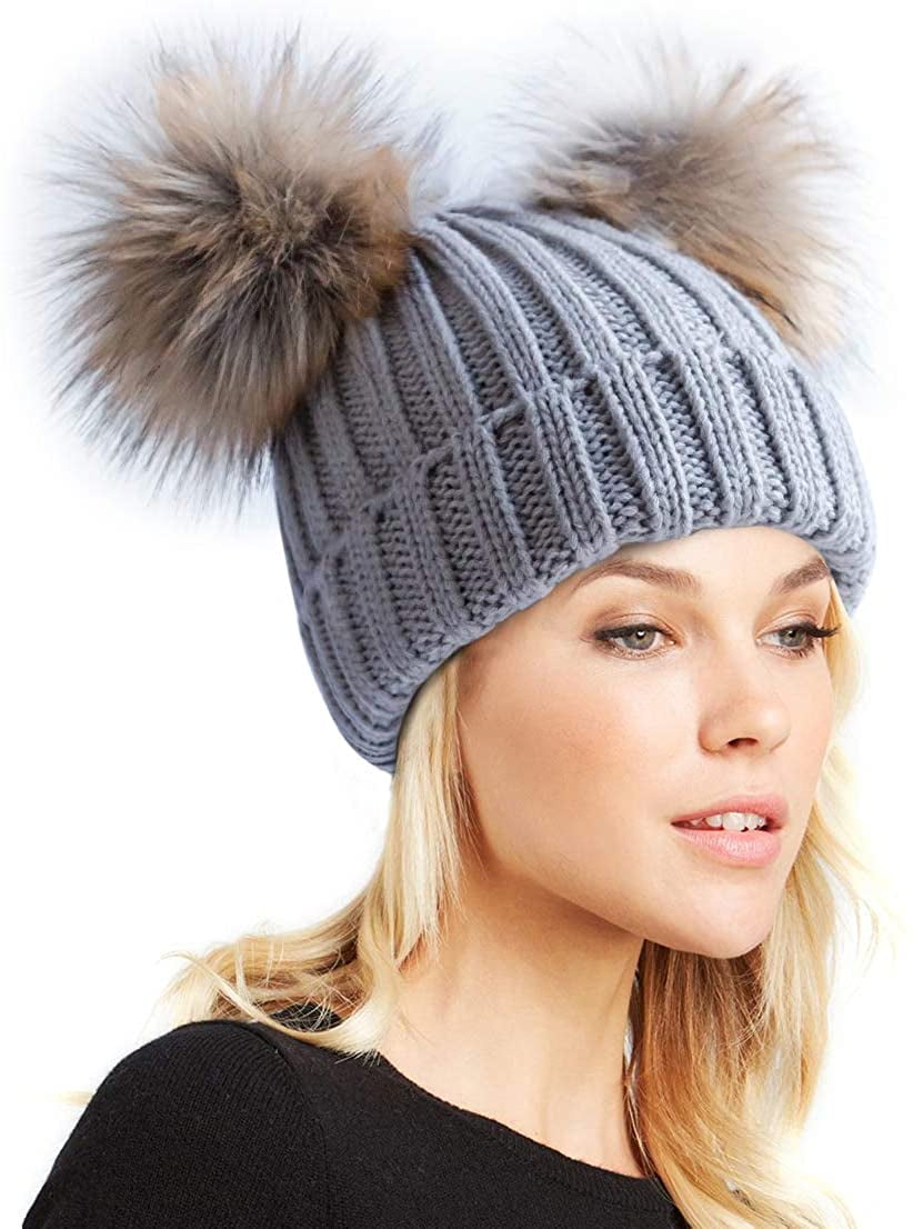 Womens Winter Double Pom Pom Beanie 