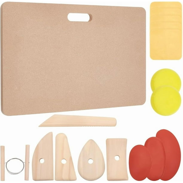 Kit de 17 piezas para manualidades con arcilla y cerámica, tabla portátil para amasar arcilla de 40 x 25 cm con tapete de madera MDF integrado, suministros para modelado y arte en cerámica.