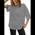 thumbnail image 2 of Camisetas de Rayas de Gran Tamaño para Mujer, Blusas Holgadas de Cuello Redondo y Corta, Blusa Informal de Verano Y2K 2025, Camiseta Básica Negro S, 2 of 9