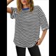thumbnail image 2 of Camisetas de Rayas de Gran Tamaño para Mujer, Blusas Holgadas de Cuello Redondo y Corta, Blusa Informal de Verano Y2K 2025, Camiseta Básica Negro L, 2 of 9