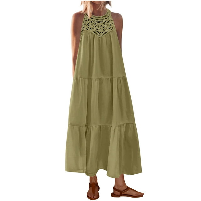 Vestido de Verano de Color Sólido Suelto Cuello Redondo, Imitación de Algodón Ligero de Moda para Mujeres