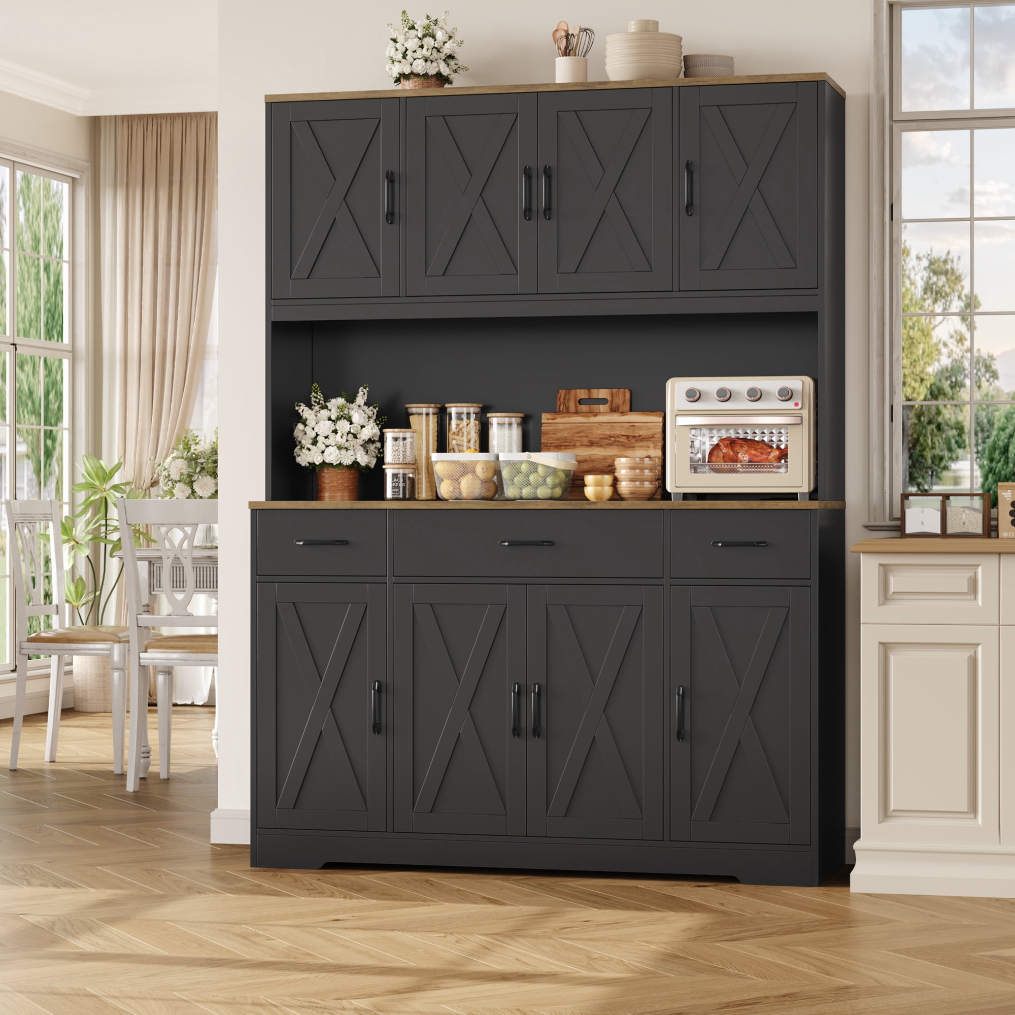 Homfa Kitchen Pantry with Hutch and Drawers, 71" Tall Storage Cabinet with 55" Wide Countertop and Built-In Power Outlet, Farmhouse Coffee Bar for Dining Room, Black & Rustic Brown