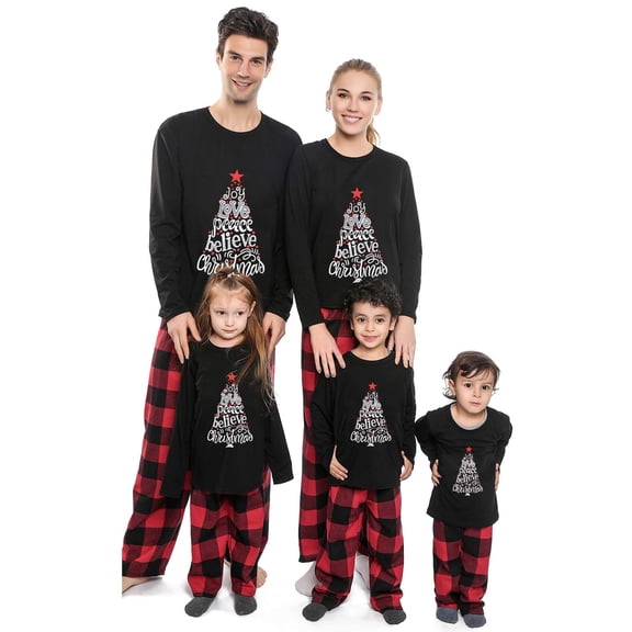 Christmas Pajamas Family Matching Sets, Cute Printed Xmas 2 Piece Sleepwear Pjs Jammies, T shirt Tops Plaid Pants Set for Couples/Women/Men