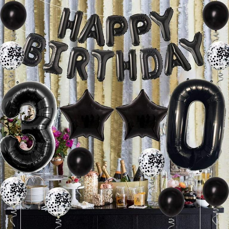Black and Silver Birthday Party Decorations for Men Women Boys Girls Happy Birthday Banner Balloons Foil Fringe Curtains Black and White Party