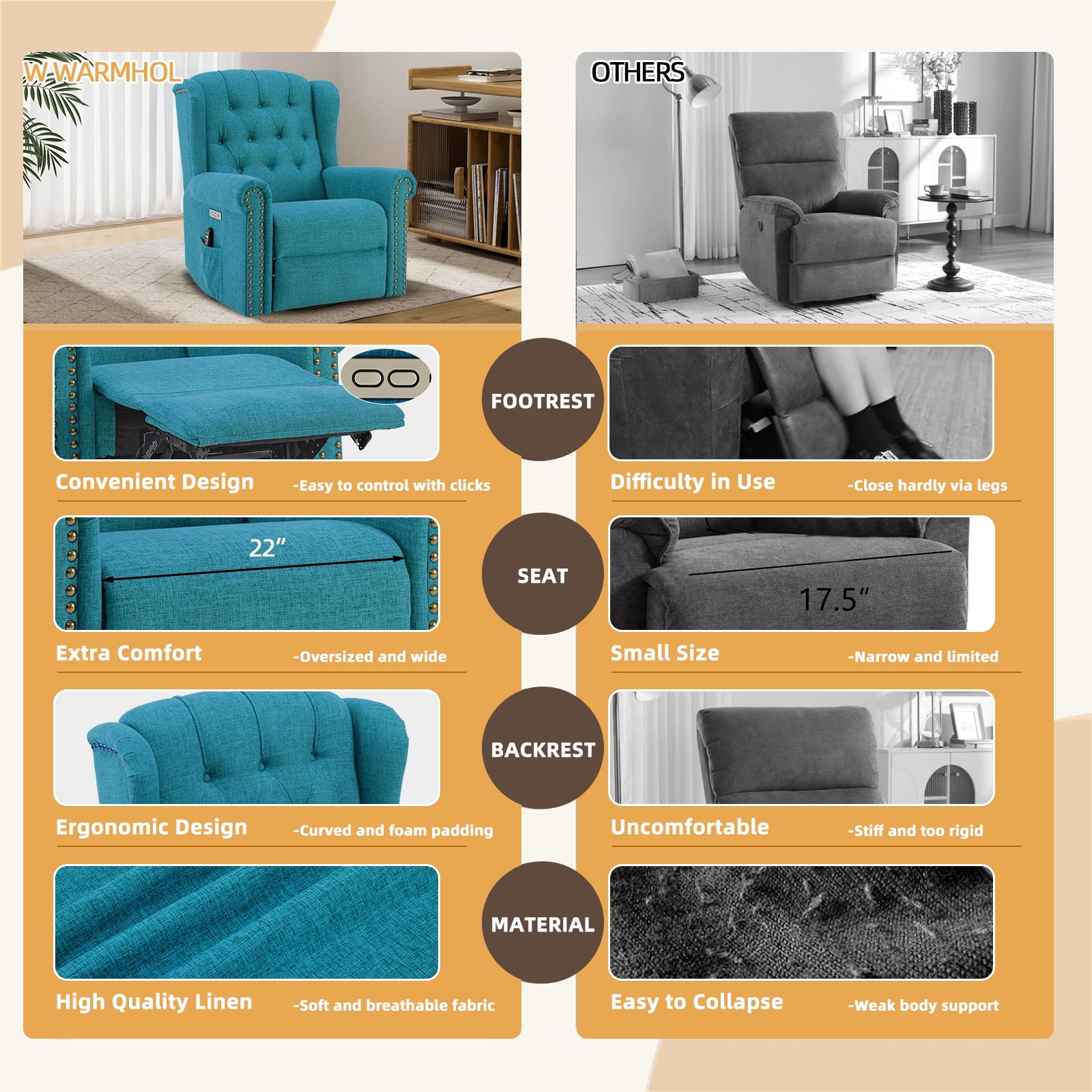 OUINCH Power Swivel Rocking Glider Recliner Chair, Electric Nursery Reclining Sofa Chair with Heat and Massage, Wingback Tufted Upholstered Recliner for Living Room, USB and Type-C Ports, Teal