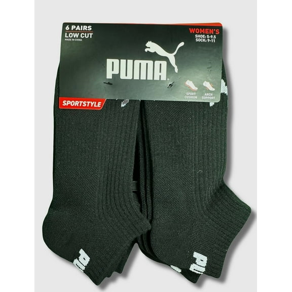PUMA SOCKS WOMEN'S - LOW CUT 253 - RIBBED BLACK BLACK - SHOE SZ 5-9.5 -PACK 6