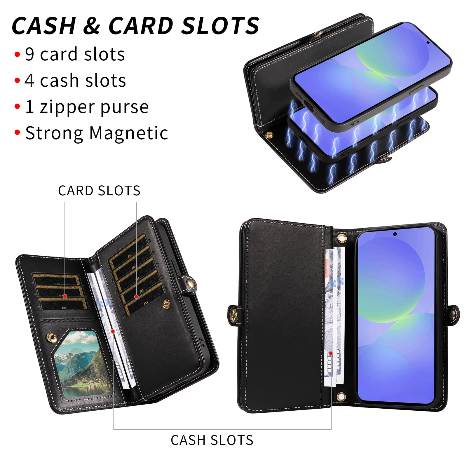 Asuwish Phone Case for Samsung Galaxy A16 5G/4G Zipper Wallet Detachable Cell Cover with Tempered Glass Screen Protector Crossbody Lanyard Strap Bling Glitter Flip Card Holder Slot SM-A 16 16A Black