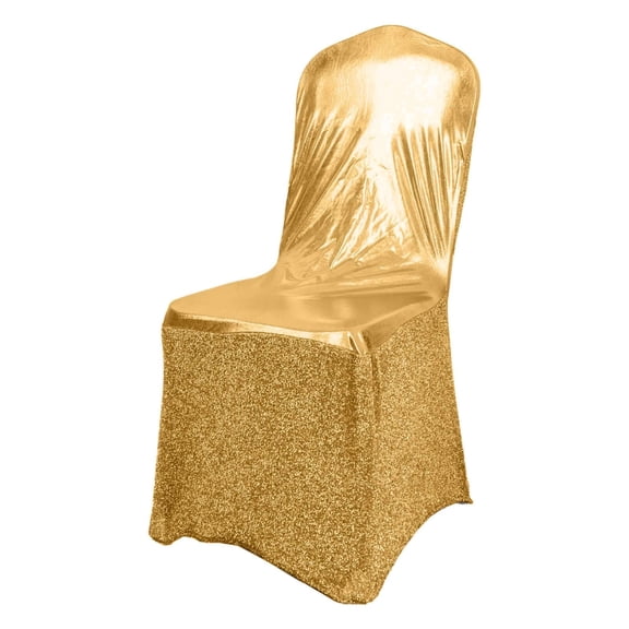Efavormart 10 PCS Metallic Gold Shimmer Tinsel Spandex Banquet Chair Cover with Attached Sash Band and Round Silver Rhinestone Buckle for Wedding Party Outdoor Events