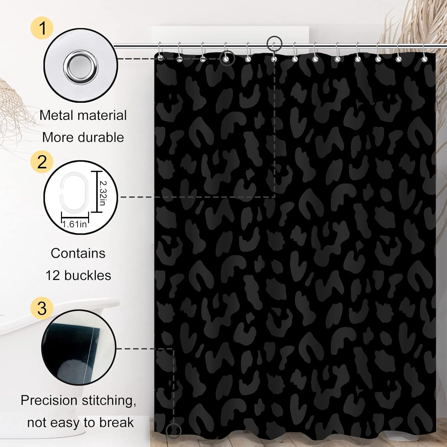 Leopard Shower Curtain Black Cheetah Print Polyester Fabric Shower Curtain Set for Bathroom with 12 Hook
