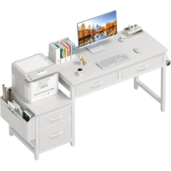 White Computer Desk with Fabric File Drawers Cabinet, 57 Inch Home Office Desks with Filing Cabinet Printer Stand for Small Space, Study Writing Table PC Vanity Desks, White