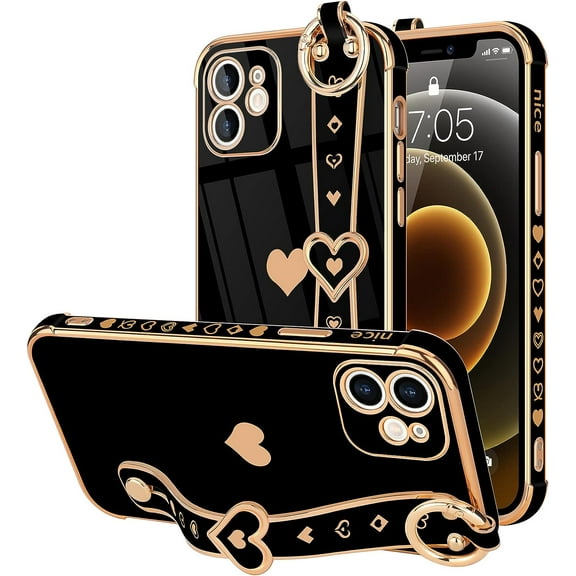 for iPhone 12 Case Cute Love-Heart Plating Wristband Phone Cover for Women Girls Bling Soft Silicone Camera Lens Protection Bumper Shockproof Wrist Phone Case for iPhone 12 (6.1'') - Black