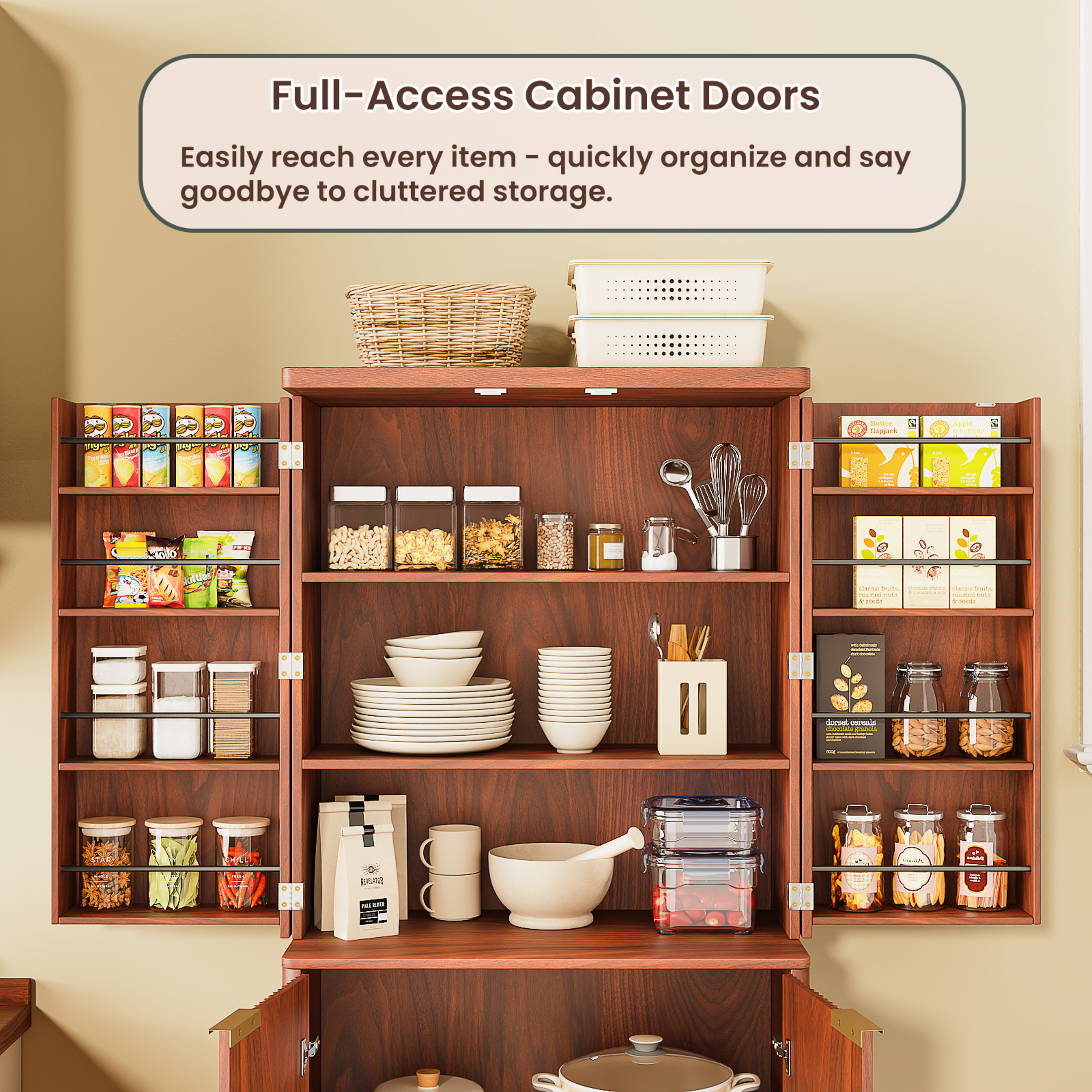 Noble House 72" Tall Modern Fluted Wood Kitchen Pantry Cabinet with Shelves & Door Storage, Walnut